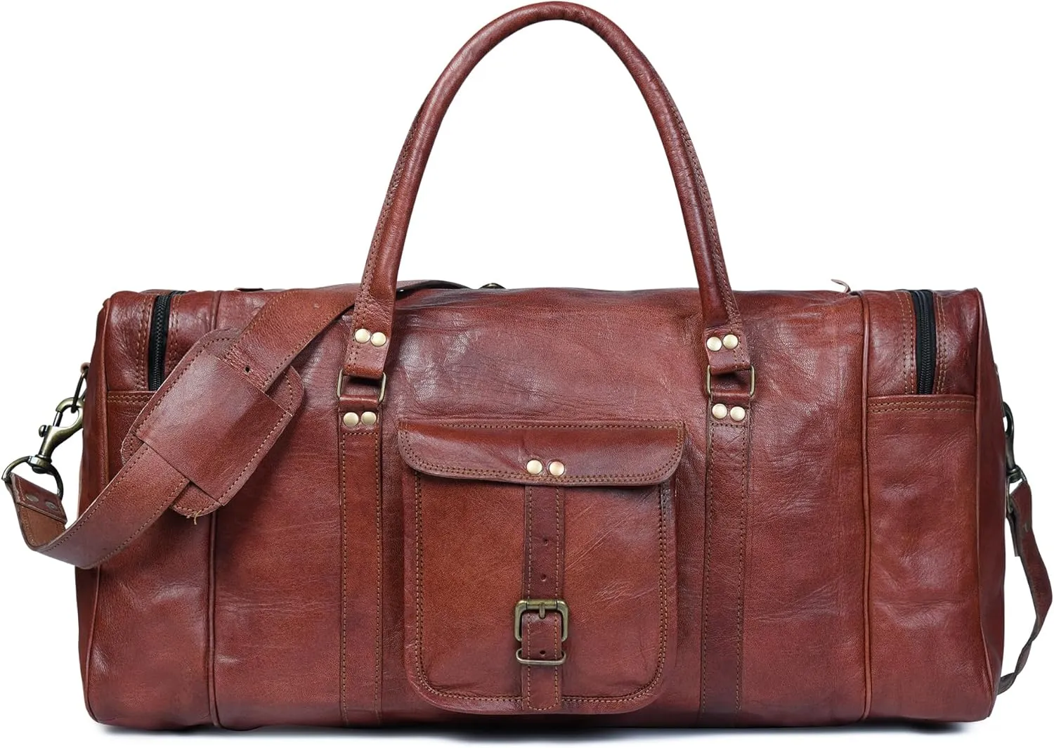 Leather Duffle Bag for Men Multi Pockets, Brown (20 inch)