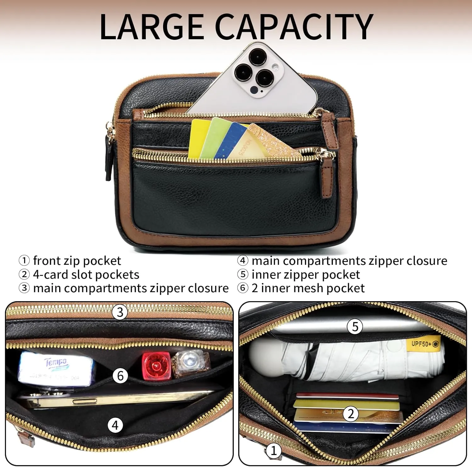 Leather Fanny Pack for Women Men Belt Bag with Multi-function Pocket, Crossbody Fanny Packs for Women Fashion Waist Packs with Adjustable Straps Cross Body Bag Travel Chest Bag