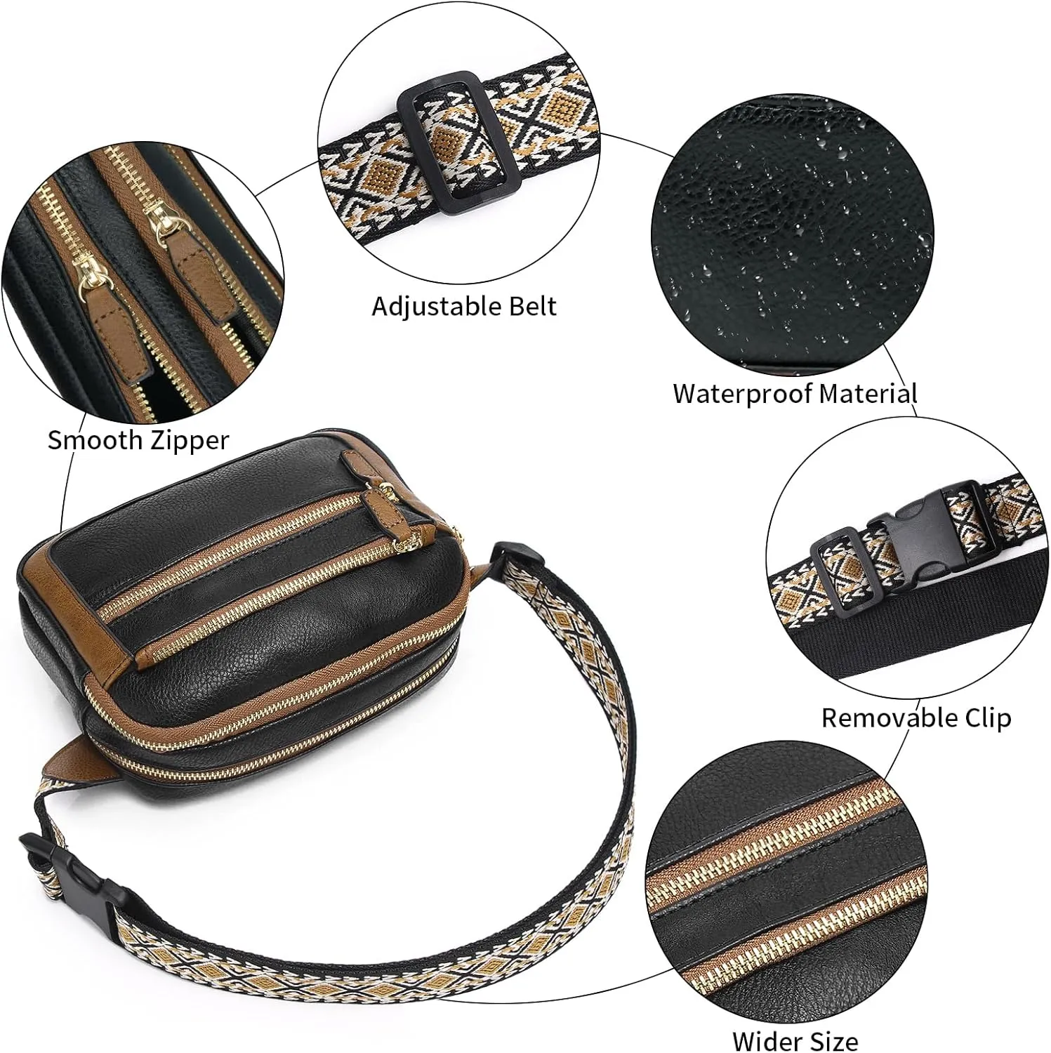 Leather Fanny Pack for Women Men Belt Bag with Multi-function Pocket, Crossbody Fanny Packs for Women Fashion Waist Packs with Adjustable Straps Cross Body Bag Travel Chest Bag
