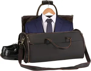 Leather Garment Bag for Travel, Convertible Garment Bag with Shoes Compartment Vintage Full Grain Leather Travel Weekender Overnight Duffel Bag 2 in 1 Hanging Suitcase Suit Travel Bags for Men