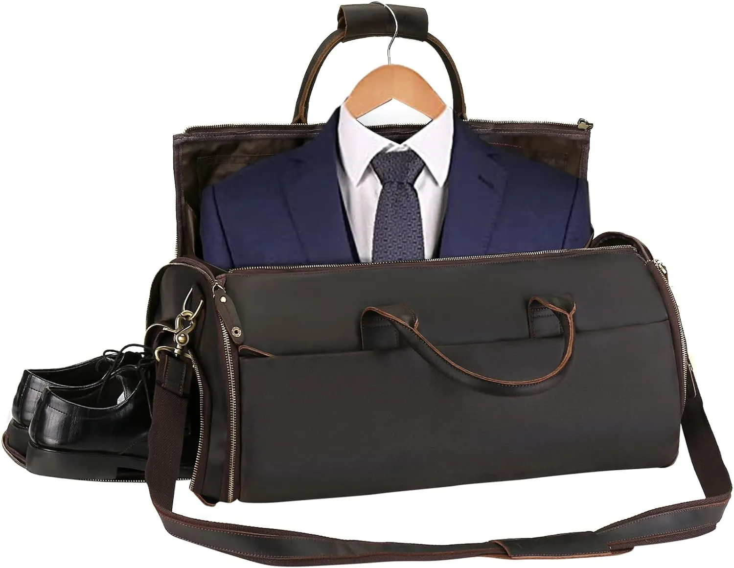 Leather Garment Bag for Travel, Convertible Garment Bag with Shoes Compartment Vintage Full Grain Leather Travel Weekender Overnight Duffel Bag 2 in 1 Hanging Suitcase Suit Travel Bags for Men