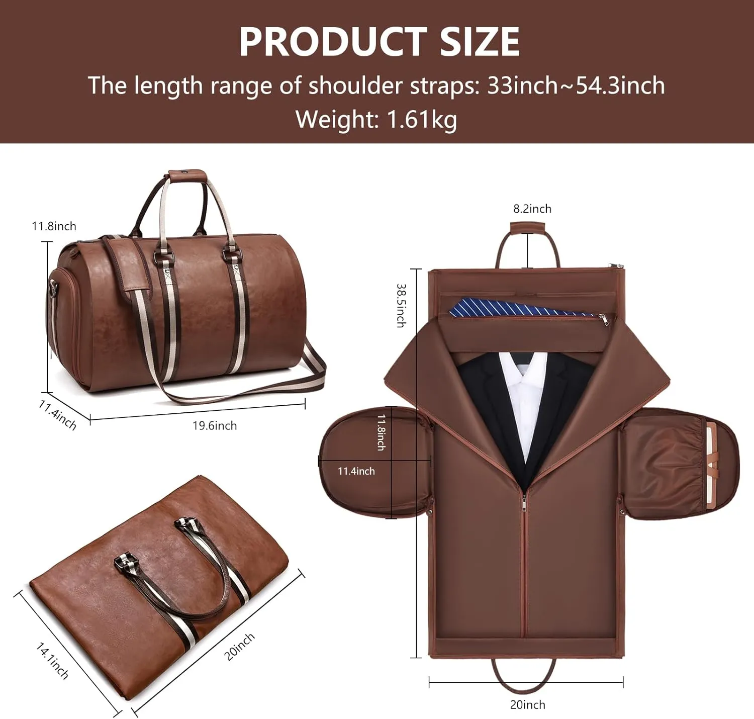 Leather Garment Bags for Travel, Convertible Carry on Garment Duffel Bag for Men, 2 in 1 Waterproof Foldable Travel Suit Bag with Shoulder Strap Weekender Bag with Shoe Pouch