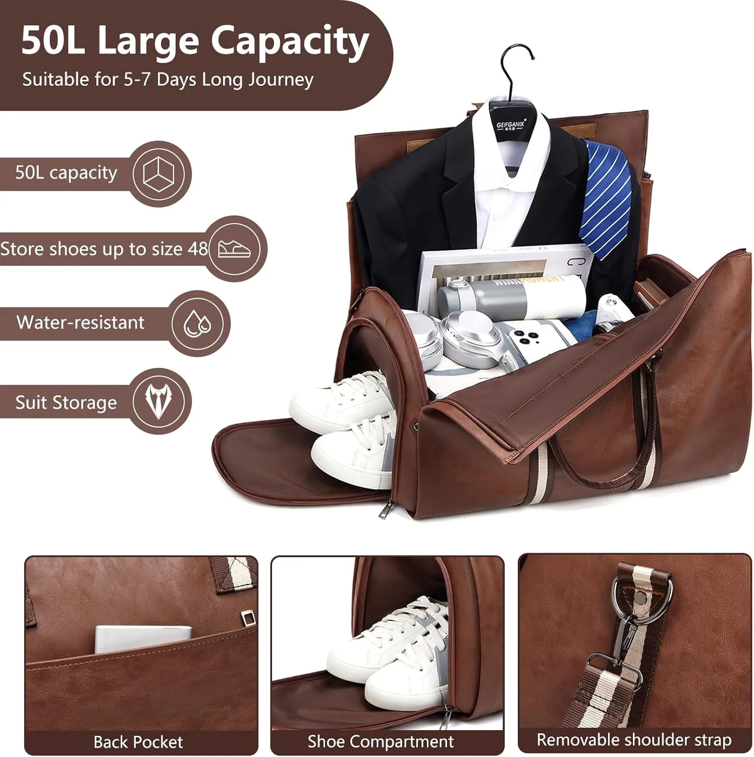Leather Garment Bags for Travel, Convertible Carry on Garment Duffel Bag for Men, 2 in 1 Waterproof Foldable Travel Suit Bag with Shoulder Strap Weekender Bag with Shoe Pouch