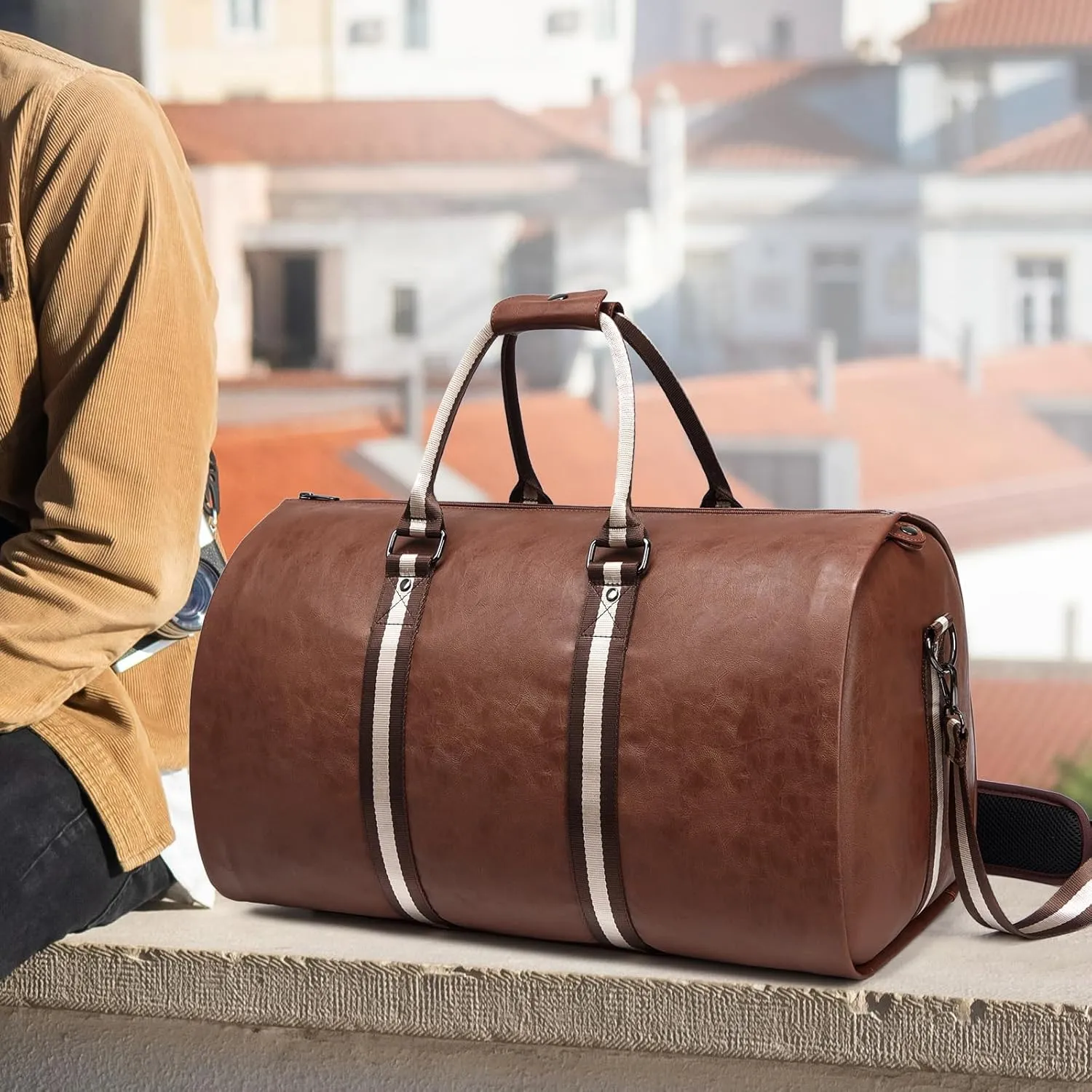 Leather Garment Bags for Travel, Convertible Carry on Garment Duffel Bag for Men, 2 in 1 Waterproof Foldable Travel Suit Bag with Shoulder Strap Weekender Bag with Shoe Pouch