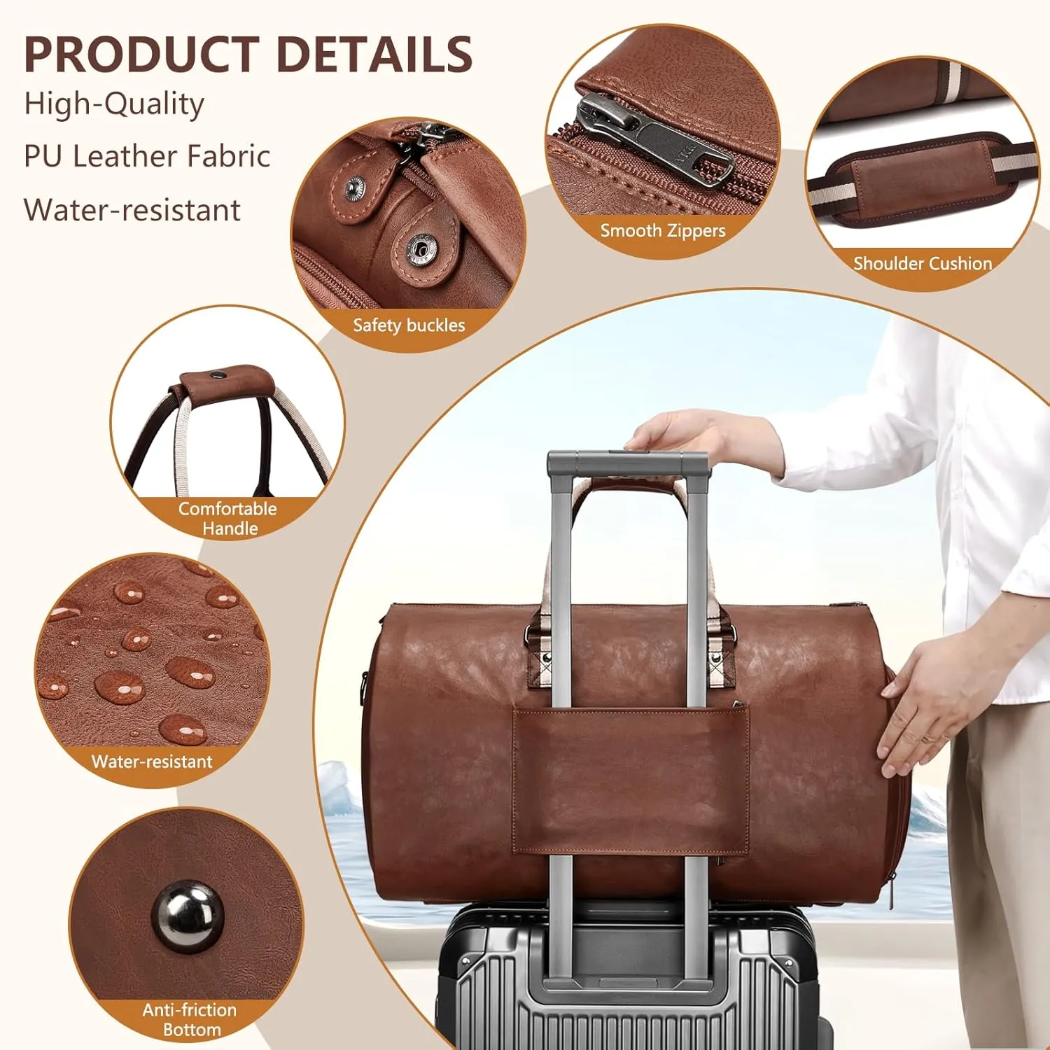 Leather Garment Bags for Travel, Convertible Carry on Garment Duffel Bag for Men, 2 in 1 Waterproof Foldable Travel Suit Bag with Shoulder Strap Weekender Bag with Shoe Pouch