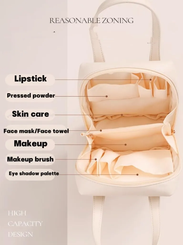 Leather Makeup Bag Portable Cosmetic Handbag with Compartments Large Zipper Travel Waterproof Toiletries for Women, Pink, One Size