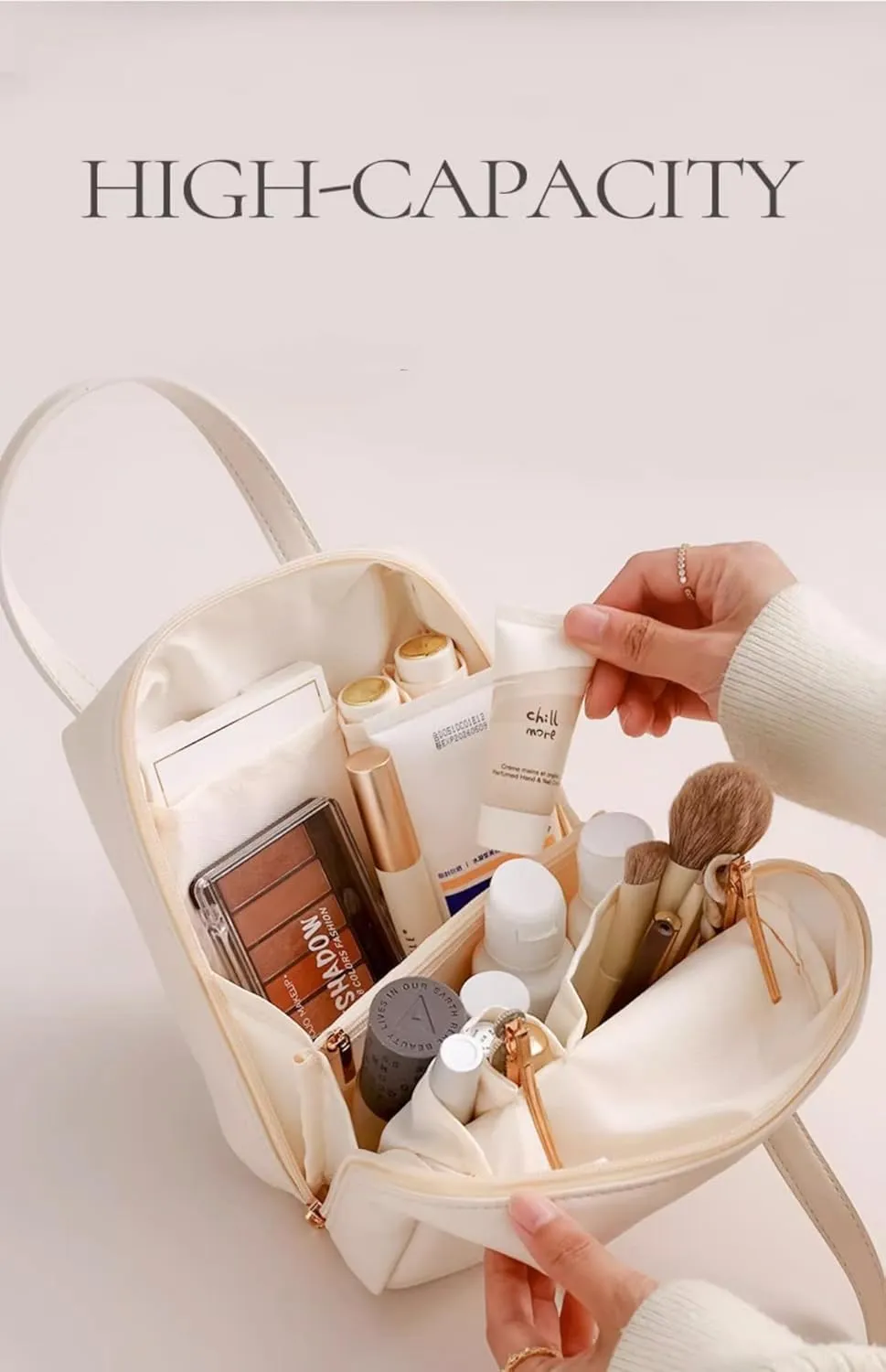 Leather Makeup Bag Portable Cosmetic Handbag with Compartments Large Zipper Travel Waterproof Toiletries for Women, Pink, One Size