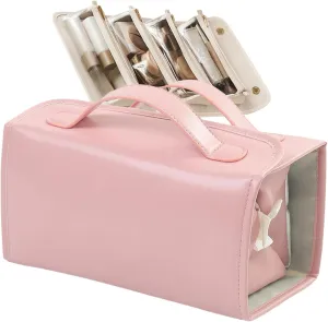 Leather Waterproof Cosmetic Bag 4 in 1 Travel Roll up Makeup Bag with 4 Detachable Clear Compartment Hanging Multi Compartment Bag for Women (Pink)