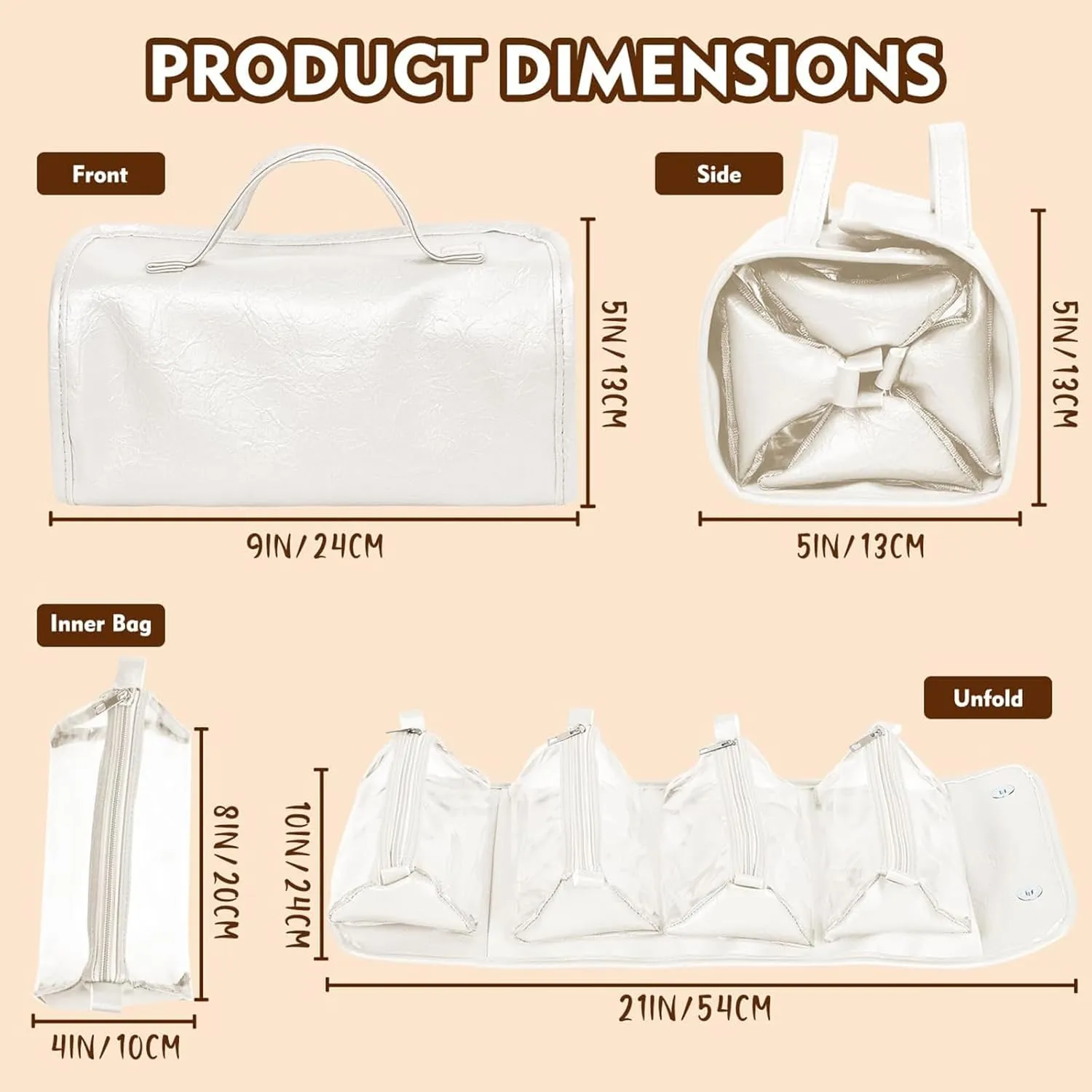 Leather Waterproof Cosmetic Bag 4 in 1 Travel Roll up Makeup Bag with 4 Detachable Clear Compartment Hanging Multi Compartment Bag for Women (Pink)