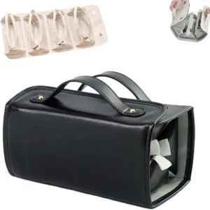Leather Waterproof Cosmetic Bag, Portable 4-in-1 Foldable Cosmetic Bag, Detachable Clear Multi Compartment Hanging Makeup Bag, Women's Travel Toiletry Bag 4 Detachable Clear Compartment (Black)