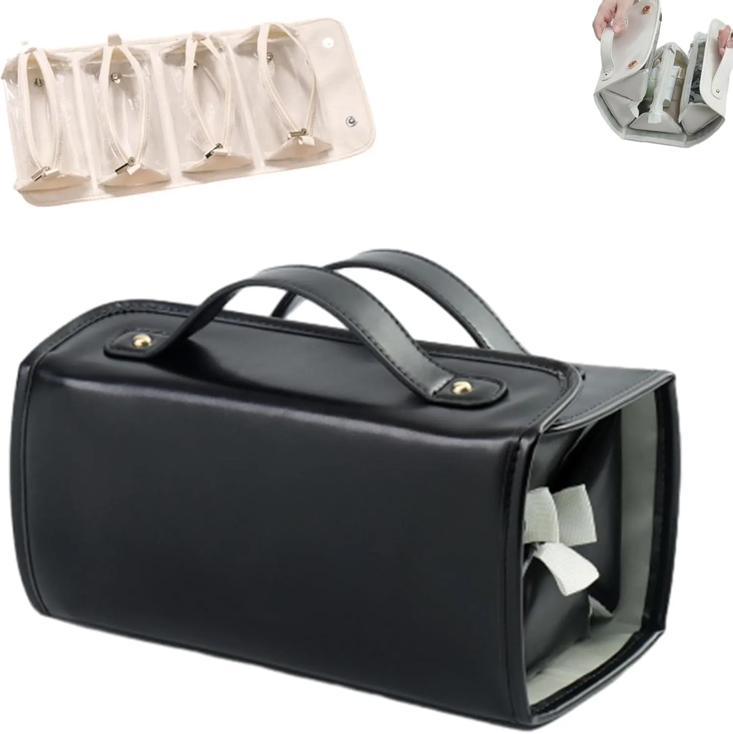 Leather Waterproof Cosmetic Bag, Portable 4-in-1 Foldable Cosmetic Bag, Detachable Clear Multi Compartment Hanging Makeup Bag, Women's Travel Toiletry Bag 4 Detachable Clear Compartment (Black)