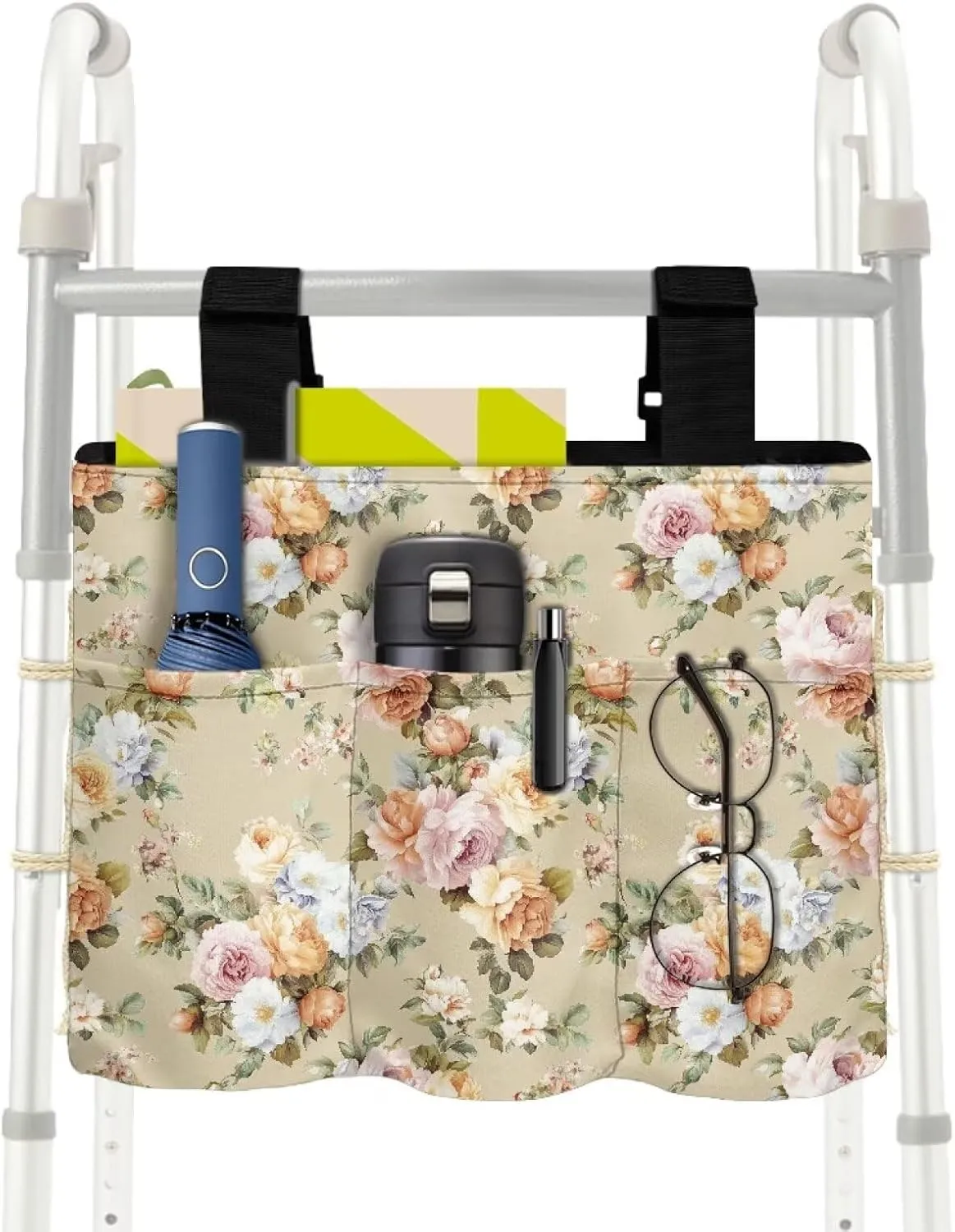 LedBack Floral Leaves Print Walker Bag Durable Large Capacity Storage Bags Lightweight Portable Walker Storage Pouch with Fixed Ropes and Adjustable Strap