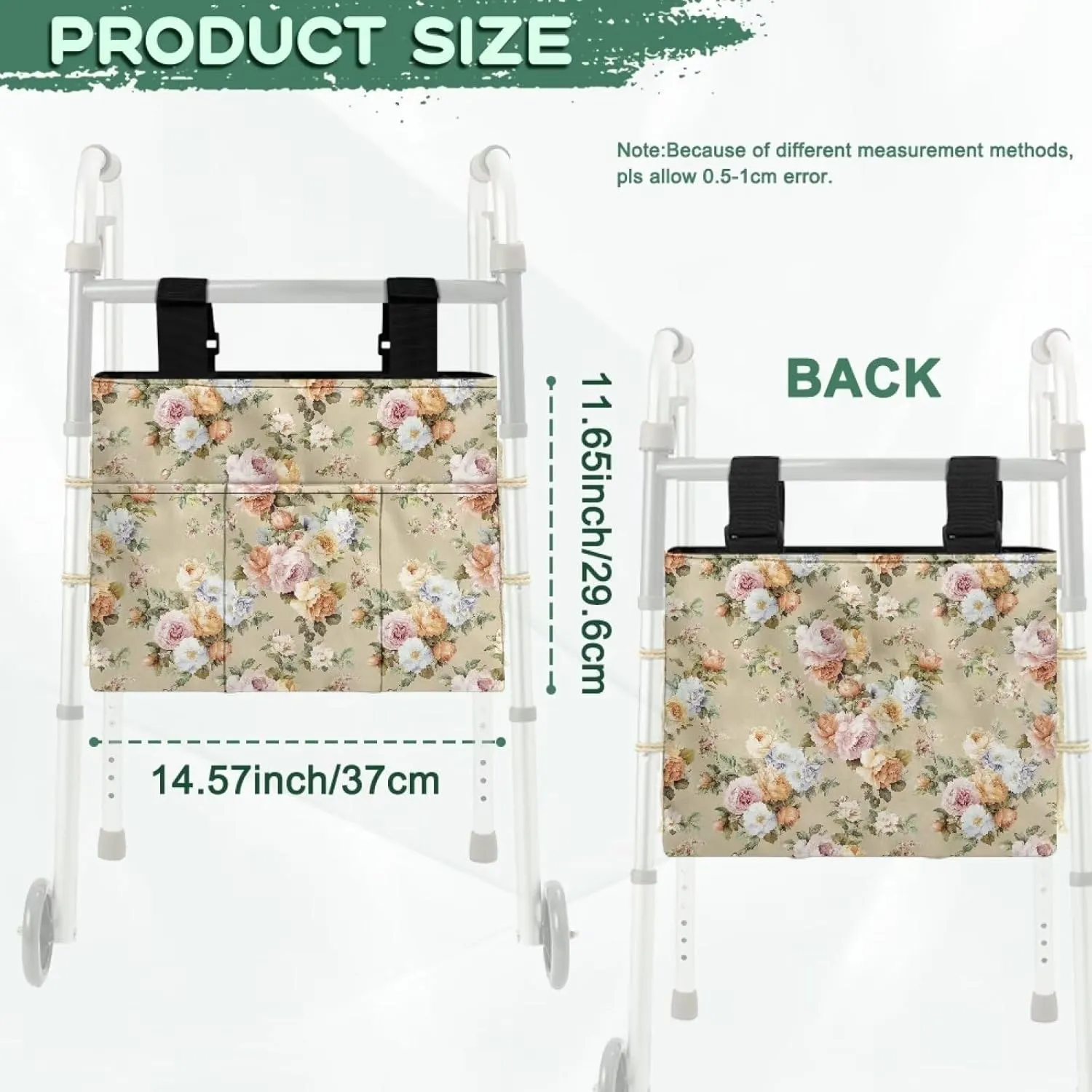 LedBack Floral Leaves Print Walker Bag Durable Large Capacity Storage Bags Lightweight Portable Walker Storage Pouch with Fixed Ropes and Adjustable Strap