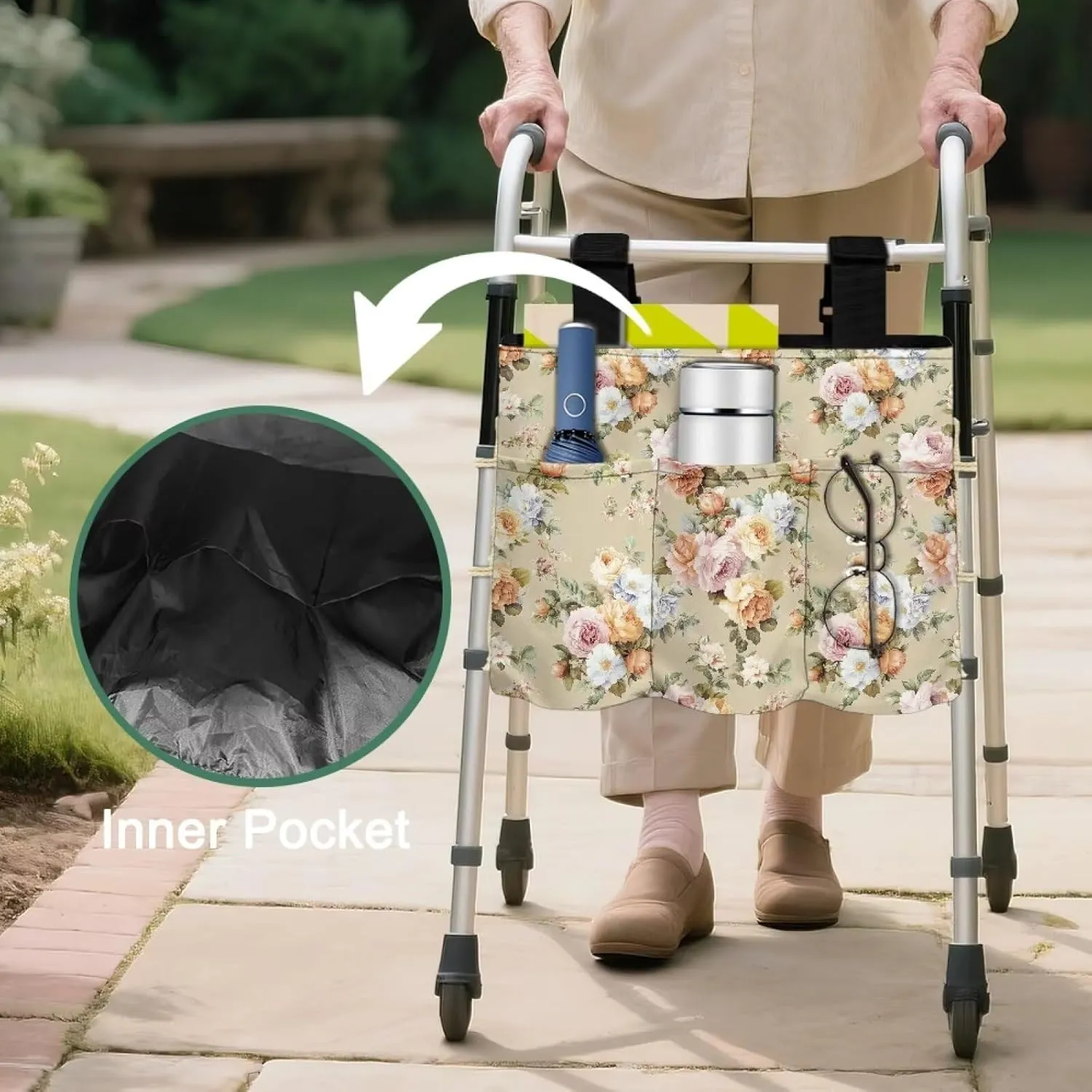 LedBack Floral Leaves Print Walker Bag Durable Large Capacity Storage Bags Lightweight Portable Walker Storage Pouch with Fixed Ropes and Adjustable Strap