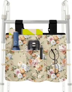 LedBack Floral Leaves Print Walker Bag Durable Large Capacity Storage Bags Lightweight Portable Walker Storage Pouch with Fixed Ropes and Adjustable Strap