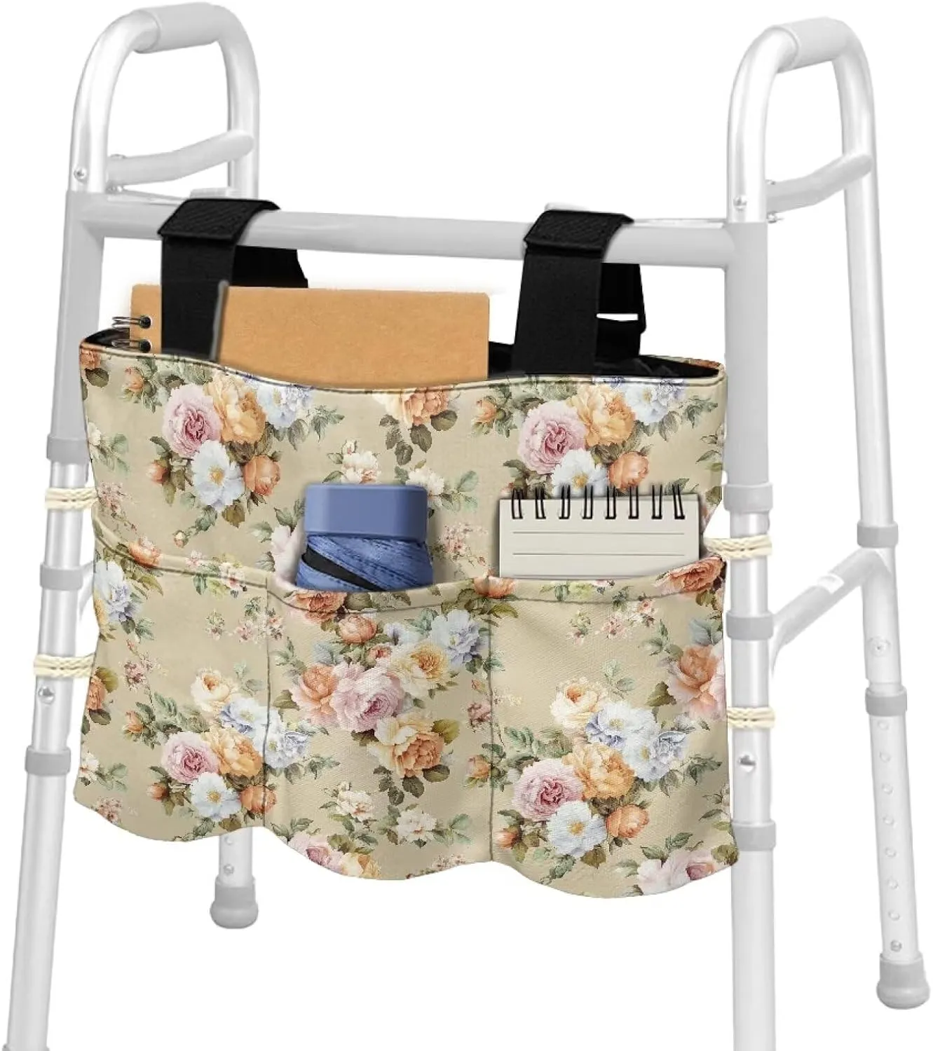 LedBack Floral Leaves Print Walker Bag Durable Large Capacity Storage Bags Lightweight Portable Walker Storage Pouch with Fixed Ropes and Adjustable Strap