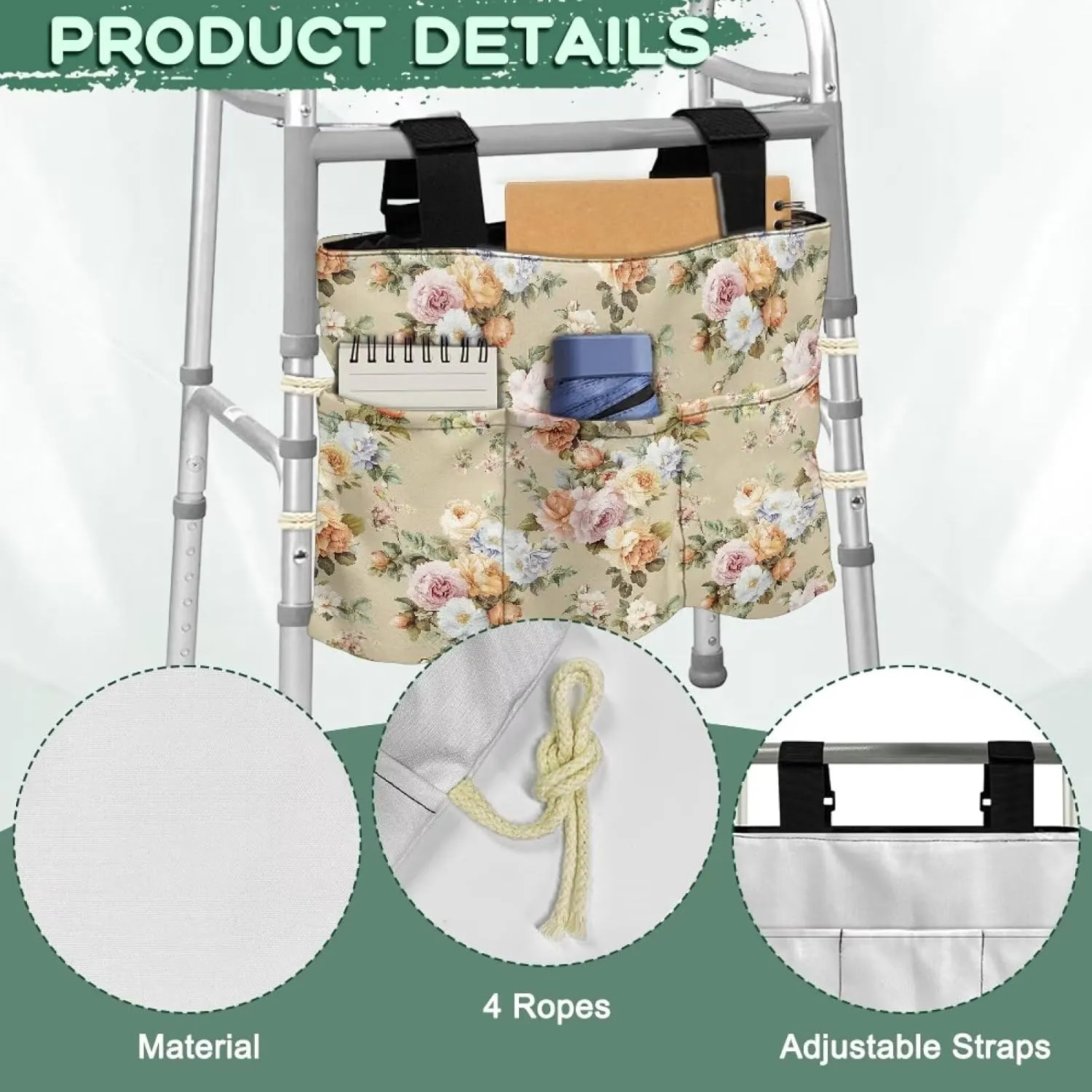 LedBack Floral Leaves Print Walker Bag Durable Large Capacity Storage Bags Lightweight Portable Walker Storage Pouch with Fixed Ropes and Adjustable Strap