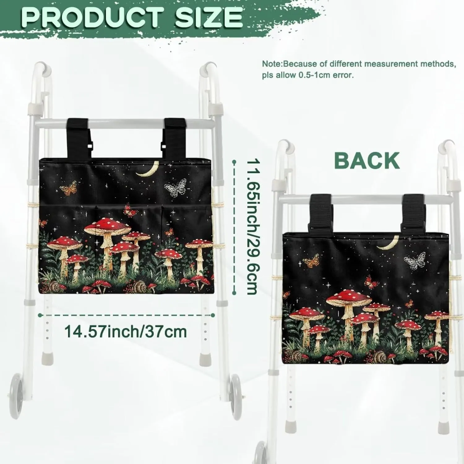 LedBack Mushroom Pattern Walker Bag Removable Walker Accessories for Seniors Elderly, Large Capacity Storage Bags Replaceable Accessory with Fixed Rope and Adjustable Strap