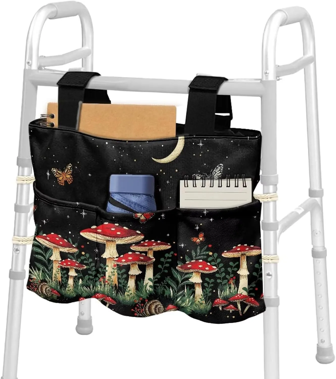 LedBack Mushroom Pattern Walker Bag Removable Walker Accessories for Seniors Elderly, Large Capacity Storage Bags Replaceable Accessory with Fixed Rope and Adjustable Strap