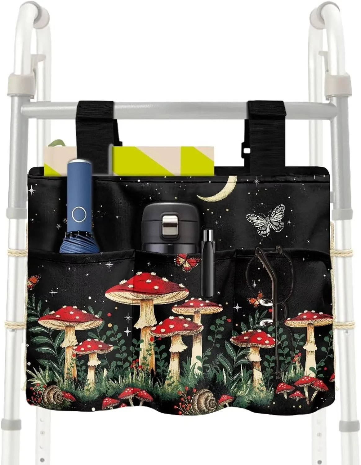 LedBack Mushroom Pattern Walker Bag Removable Walker Accessories for Seniors Elderly, Large Capacity Storage Bags Replaceable Accessory with Fixed Rope and Adjustable Strap