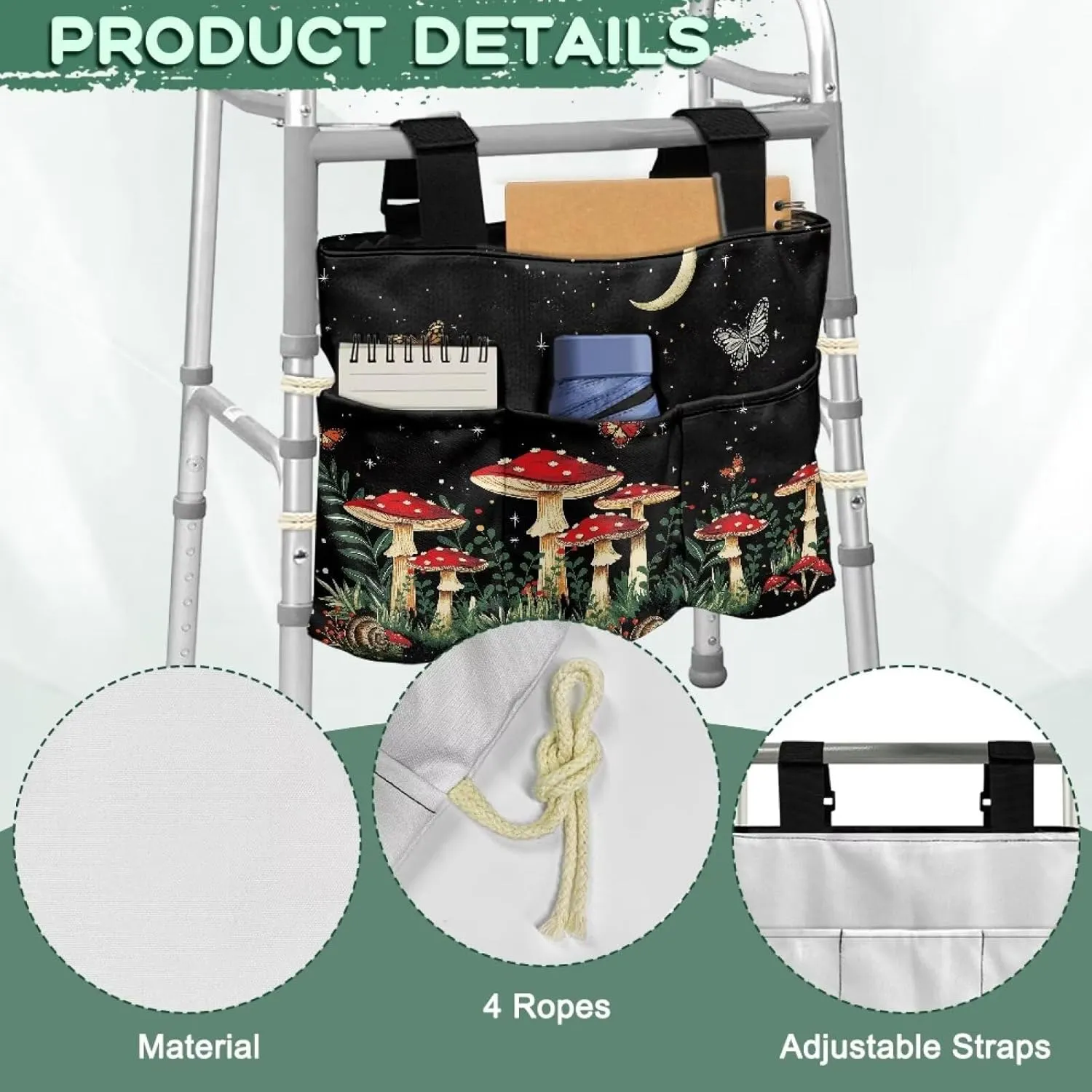 LedBack Mushroom Pattern Walker Bag Removable Walker Accessories for Seniors Elderly, Large Capacity Storage Bags Replaceable Accessory with Fixed Rope and Adjustable Strap