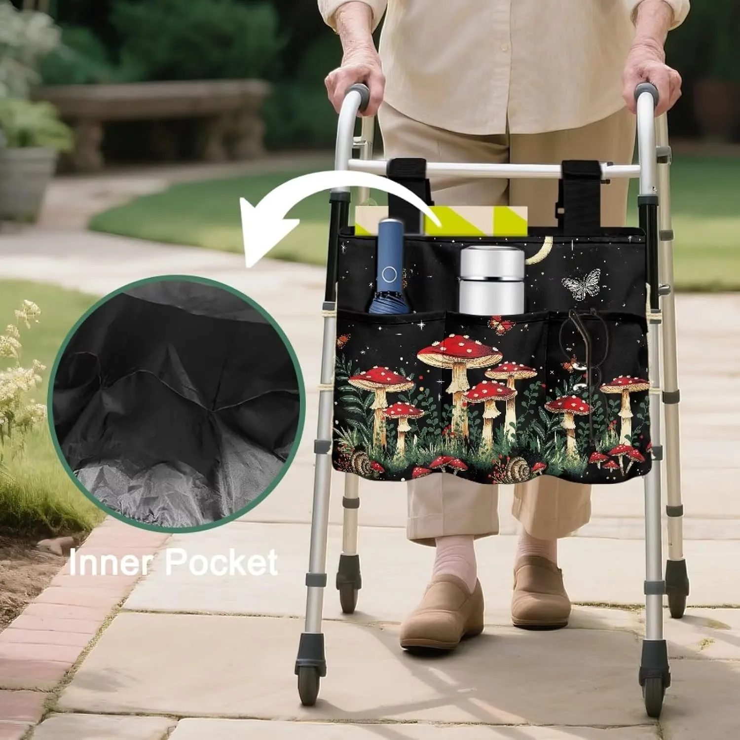 LedBack Mushroom Pattern Walker Bag Removable Walker Accessories for Seniors Elderly, Large Capacity Storage Bags Replaceable Accessory with Fixed Rope and Adjustable Strap