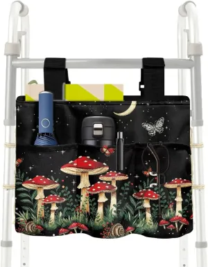 LedBack Mushroom Pattern Walker Bag Removable Walker Accessories for Seniors Elderly, Large Capacity Storage Bags Replaceable Accessory with Fixed Rope and Adjustable Strap