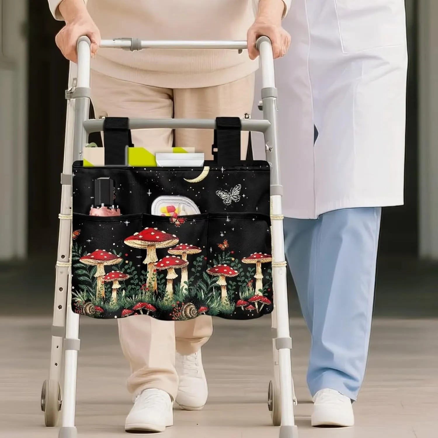 LedBack Mushroom Pattern Walker Bag Removable Walker Accessories for Seniors Elderly, Large Capacity Storage Bags Replaceable Accessory with Fixed Rope and Adjustable Strap