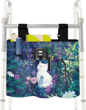 LedBack White Cat Flowers Walker Bags for Folding Walker Large Capacity Storage Bag for Seniors Floral Durable Walkers Storage Bags with Adjustable Strap