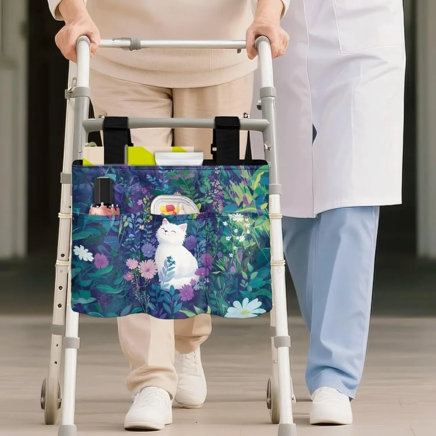 LedBack White Cat Flowers Walker Bags for Folding Walker Large Capacity Storage Bag for Seniors Floral Durable Walkers Storage Bags with Adjustable Strap