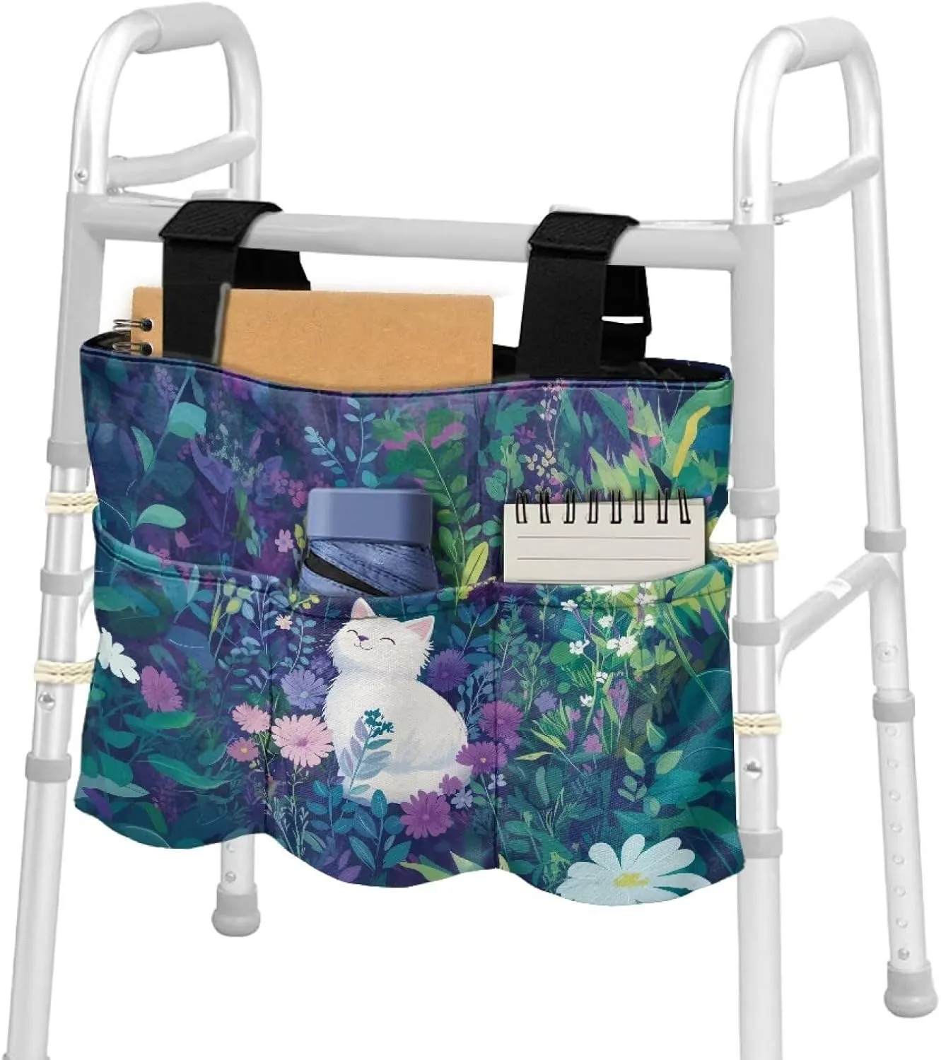 LedBack White Cat Flowers Walker Bags for Folding Walker Large Capacity Storage Bag for Seniors Floral Durable Walkers Storage Bags with Adjustable Strap