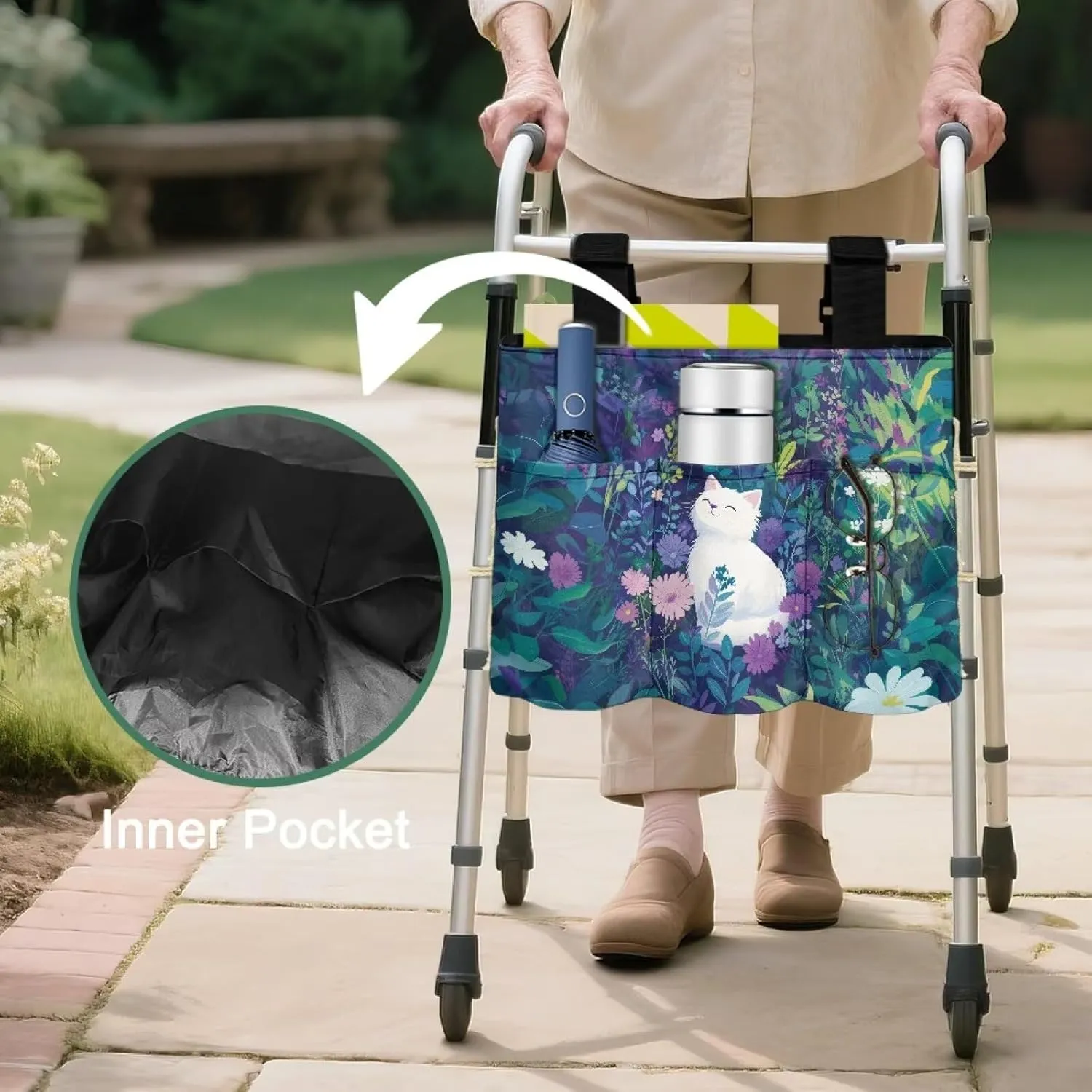 LedBack White Cat Flowers Walker Bags for Folding Walker Large Capacity Storage Bag for Seniors Floral Durable Walkers Storage Bags with Adjustable Strap