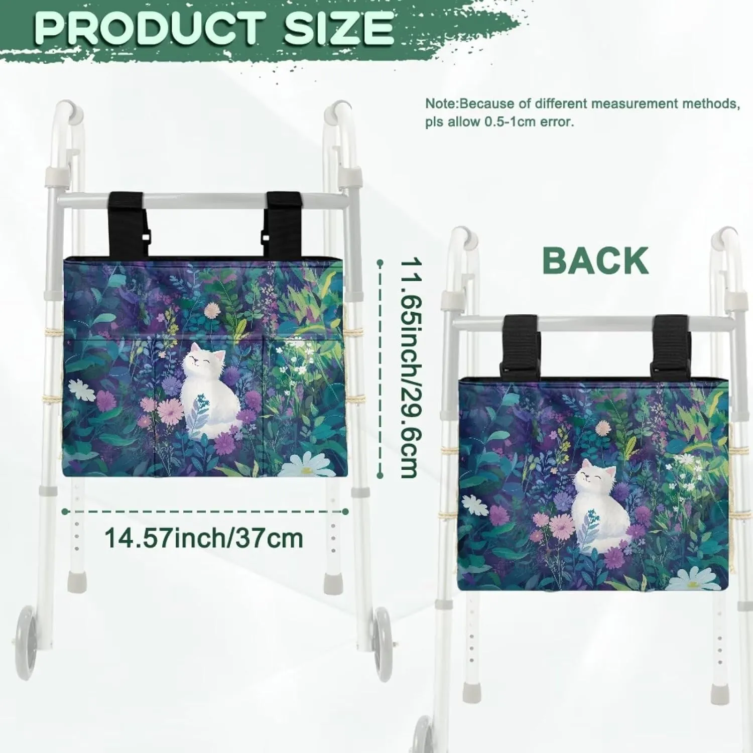 LedBack White Cat Flowers Walker Bags for Folding Walker Large Capacity Storage Bag for Seniors Floral Durable Walkers Storage Bags with Adjustable Strap