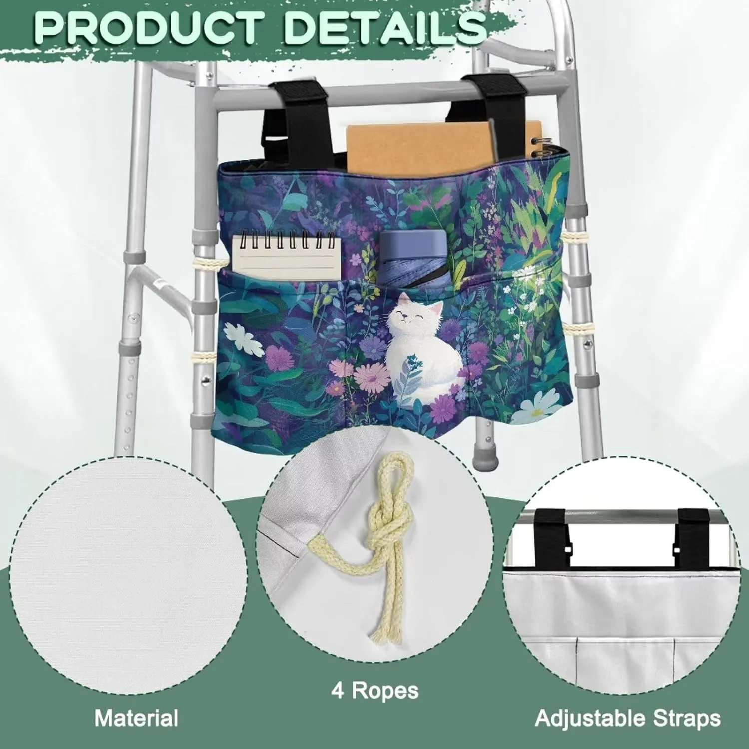 LedBack White Cat Flowers Walker Bags for Folding Walker Large Capacity Storage Bag for Seniors Floral Durable Walkers Storage Bags with Adjustable Strap