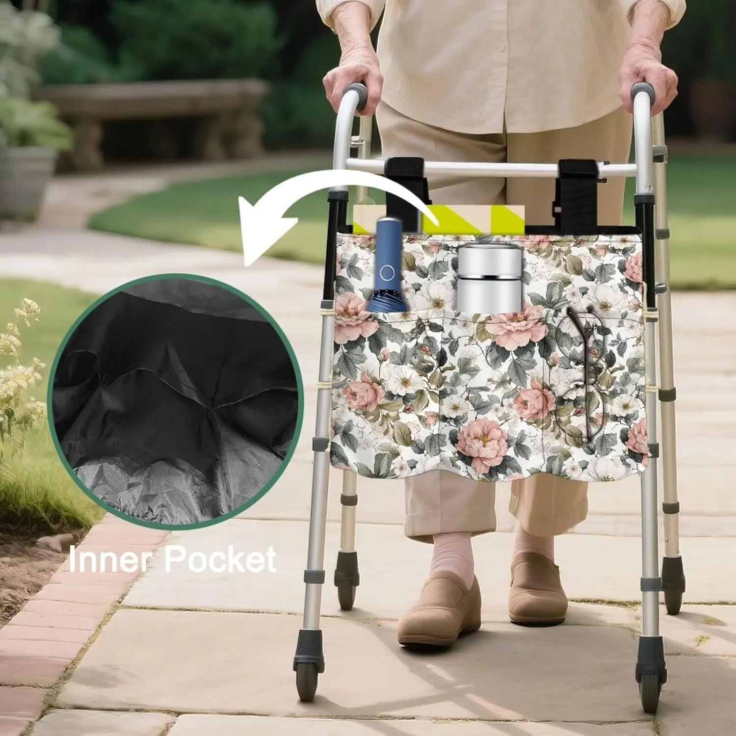 LedBack White Pink Florals Leaves Walker Bag Removable Walker Accessories for Seniors Elderly, Large Capacity Storage Bags Replaceable Accessory with Adjustable Strap