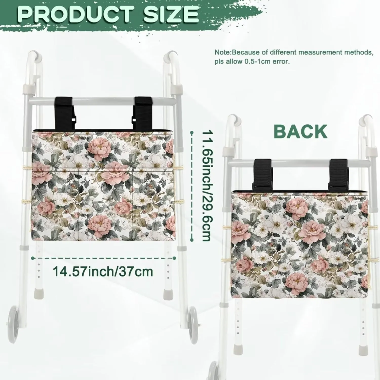 LedBack White Pink Florals Leaves Walker Bag Removable Walker Accessories for Seniors Elderly, Large Capacity Storage Bags Replaceable Accessory with Adjustable Strap