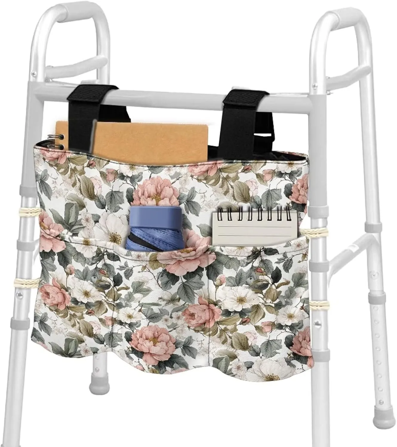 LedBack White Pink Florals Leaves Walker Bag Removable Walker Accessories for Seniors Elderly, Large Capacity Storage Bags Replaceable Accessory with Adjustable Strap