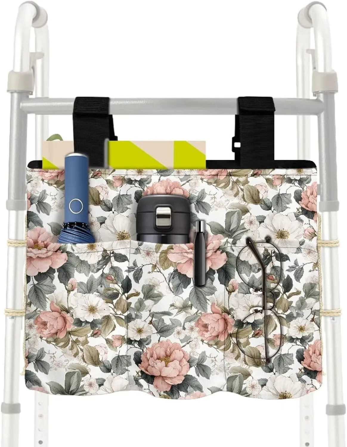LedBack White Pink Florals Leaves Walker Bag Removable Walker Accessories for Seniors Elderly, Large Capacity Storage Bags Replaceable Accessory with Adjustable Strap