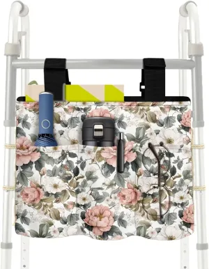 LedBack White Pink Florals Leaves Walker Bag Removable Walker Accessories for Seniors Elderly, Large Capacity Storage Bags Replaceable Accessory with Adjustable Strap
