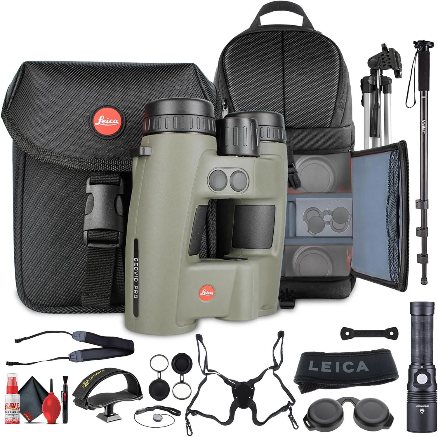 Leica 10x32 Geovid Pro Rangefinder Binocular Bundle Includes Cleaning kit, Screen Protector, Sling Backpack, led Flashlight, Adapter Tray, monopod, 72'' Tripod   More