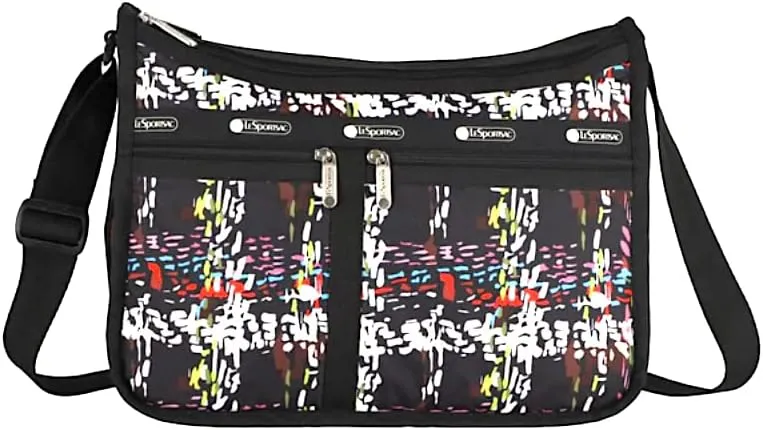 LeSportsac Running Weave Deluxe Everyday Crossbody Bag   Cosmetic Bag, Style 7507/Color E474, Festive & Colorful Confetti Style Abstract Printed Weave Pattern, Modern & Fun Interpretative Plaid Design
