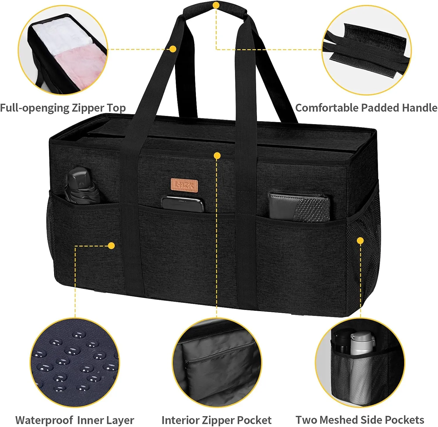 LHZK Stand Up Extra Large Utility Tote Bag with Lid, Utility Tote Bag with Metal Wire Frame and Sides Rinforced