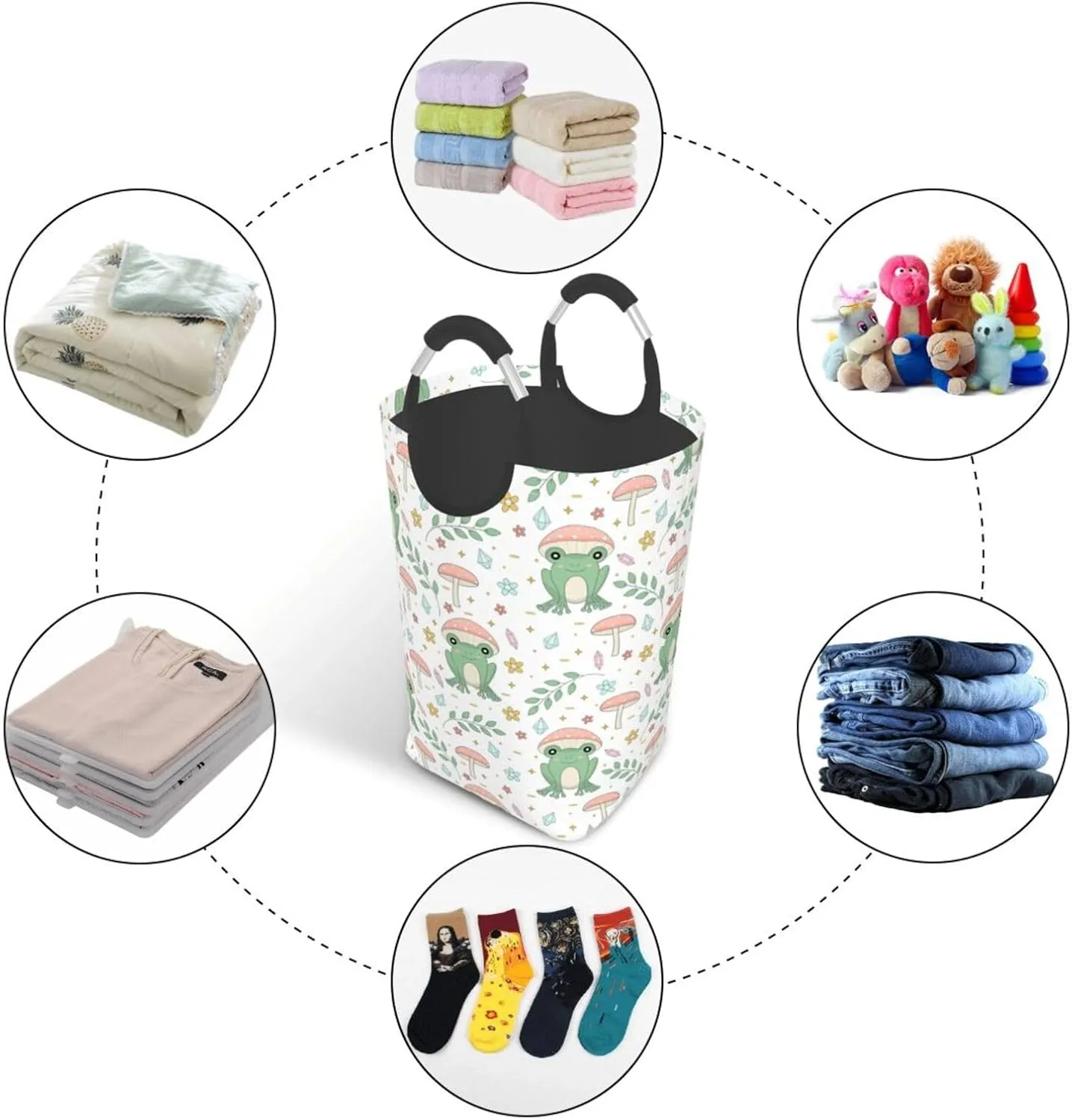 LIBIFALL Frog and Mushrooms Laundry Basket Frogs 50L Large Collapsible Laundry Hamper Bag Clothes Hampers with Handles Storage For Dorm Family