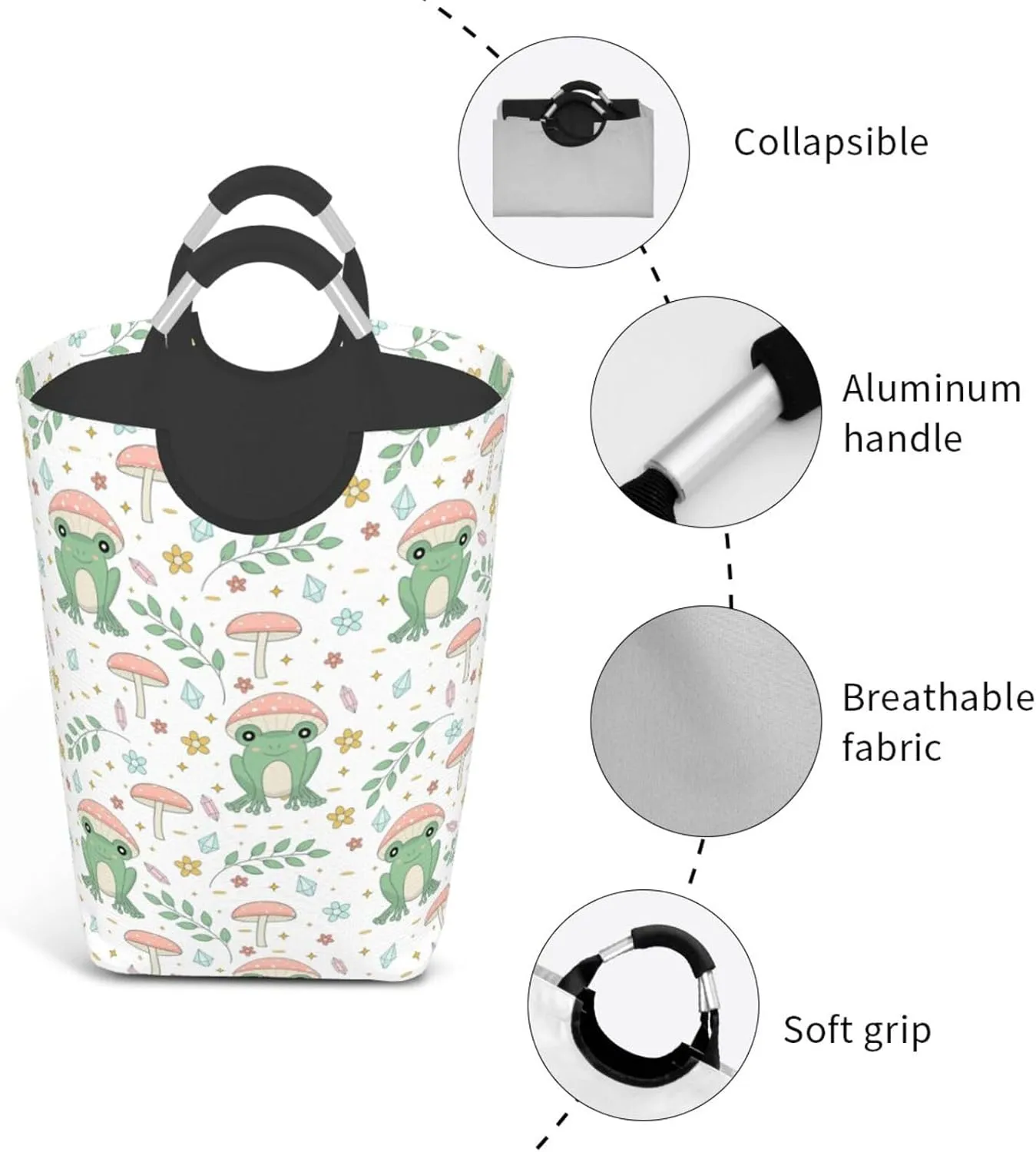 LIBIFALL Frog and Mushrooms Laundry Basket Frogs 50L Large Collapsible Laundry Hamper Bag Clothes Hampers with Handles Storage For Dorm Family