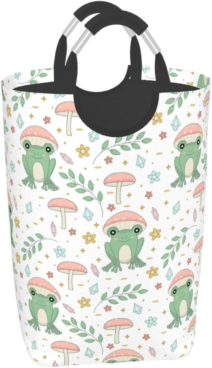 LIBIFALL Frog and Mushrooms Laundry Basket Frogs 50L Large Collapsible Laundry Hamper Bag Clothes Hampers with Handles Storage For Dorm Family