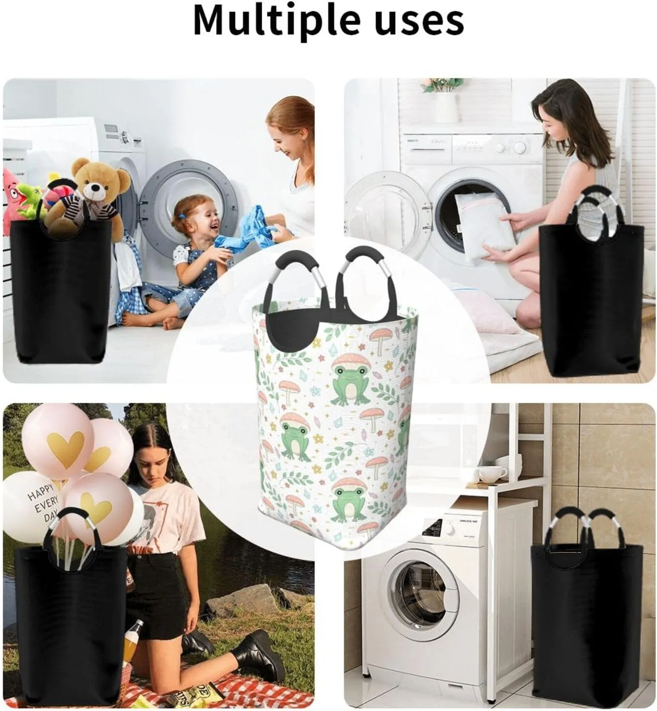 LIBIFALL Frog and Mushrooms Laundry Basket Frogs 50L Large Collapsible Laundry Hamper Bag Clothes Hampers with Handles Storage For Dorm Family