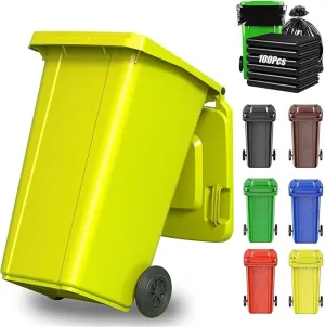 LICOME 18/22/27/53 Gallon Large Garbage Can Outdoor Wheeled Trash Can with Lid ＆ Wheels, Garage Trash Can with Handles ＆ 100-PCS Organizer Bag for Patio Backyard Deck Roadside(Yellow,120L/27 Gallon)