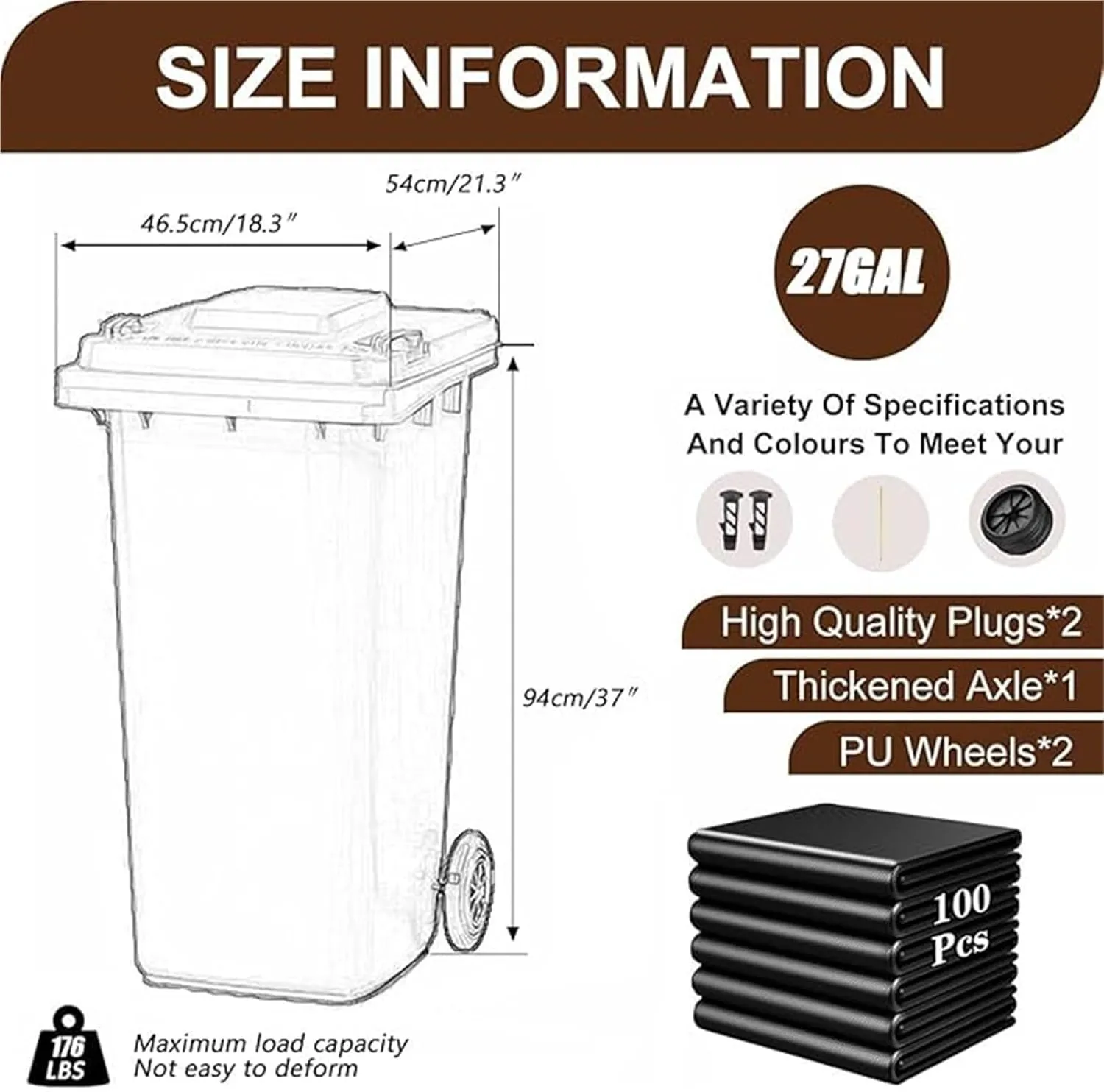 LICOME 18/22/27/53 Gallon Large Garbage Can Outdoor Wheeled Trash Can with Lid ＆ Wheels, Garage Trash Can with Handles ＆ 100-PCS Organizer Bag for Patio Backyard Deck Roadside(Yellow,120L/27 Gallon)