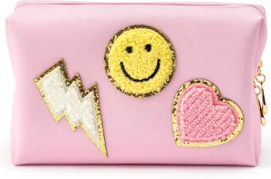 LieToi Preppy Patch Small Toiletry Bag Smile Lightning Heart PU Leather Portable Waterproof Makeup Cosmetic Bag Daily Use Storage Purse Travel Organizer Compliant Bag for Women Girls Gift (Pink)