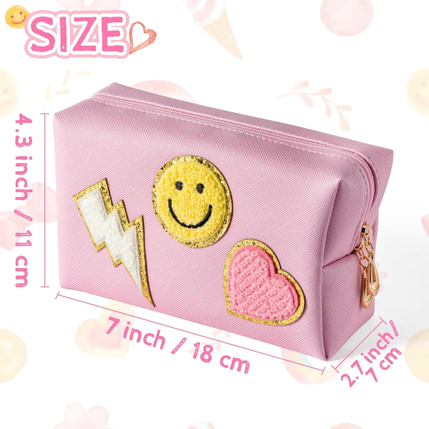 LieToi Preppy Patch Small Toiletry Bag Smile Lightning Heart PU Leather Portable Waterproof Makeup Cosmetic Bag Daily Use Storage Purse Travel Organizer Compliant Bag for Women Girls Gift (Pink)